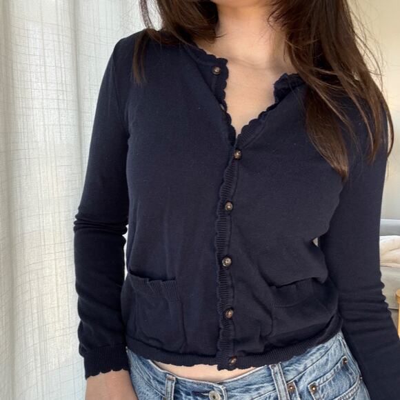 Brandy Melville Sweaters - Brandy Melville Zoe Cardigan 100% Cotton Navy Blue Scallop Trim One Size